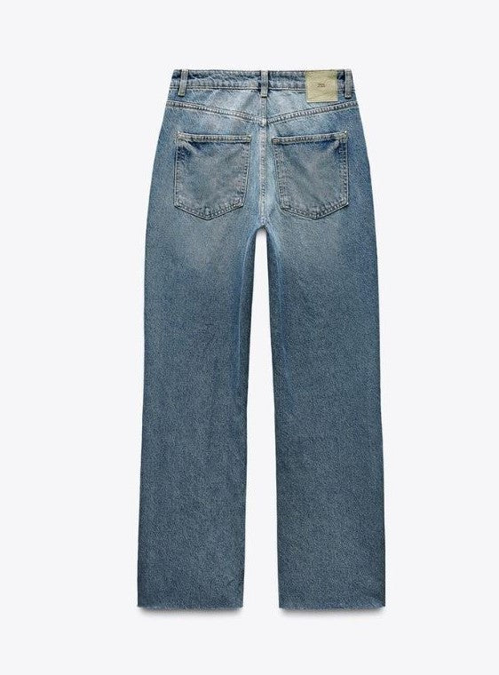DARK BLUE STRAIGHT-LEG HIGH-WAIST JEANS