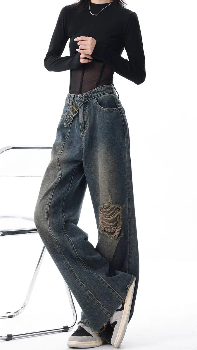 Off Beat Distressed Blue Baggy Jeans
