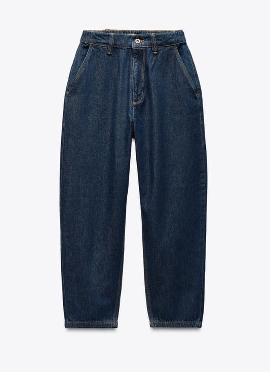 DARK BLUE MID-RISE TAPERED JEANS