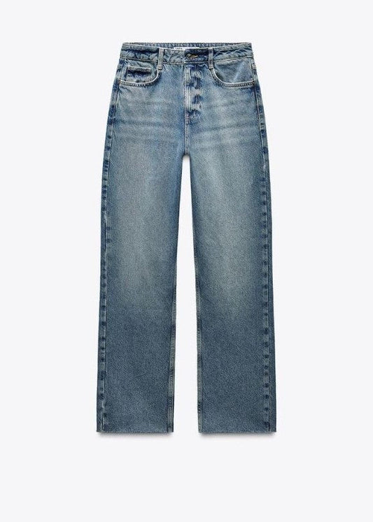 DARK BLUE STRAIGHT-LEG HIGH-WAIST JEANS